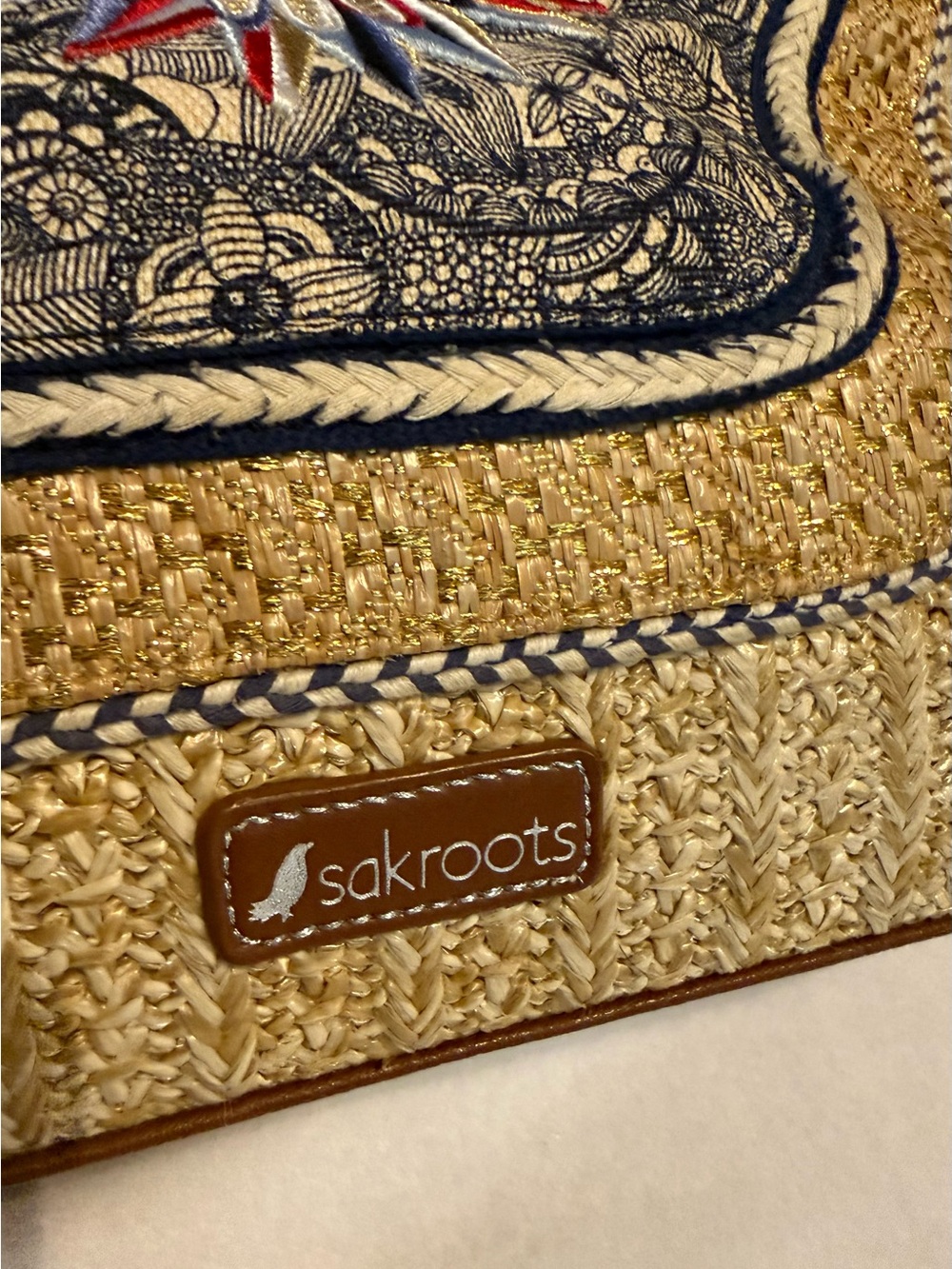 Sakroots Straw Tote Bag Sunflower Embroidered Boho Coastal Purse - Picture 12 of 13